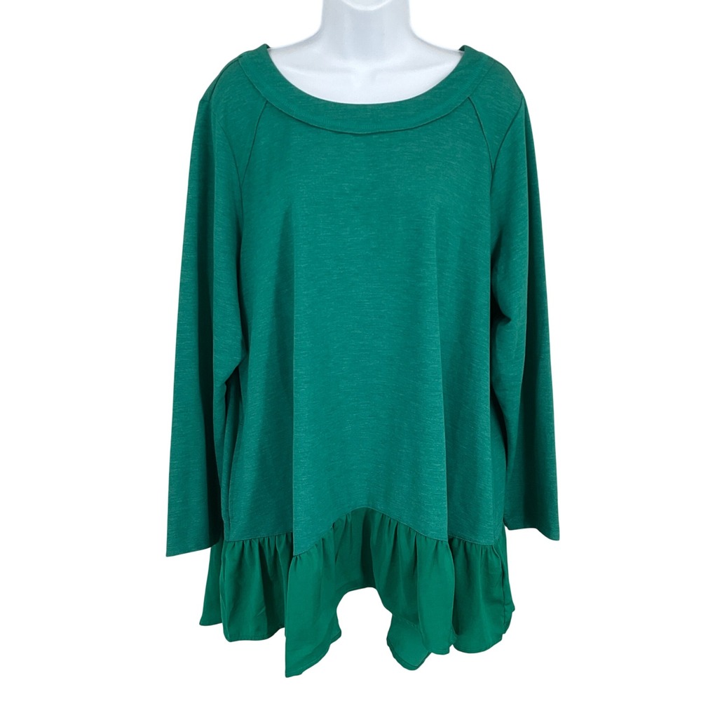 LOGO Lounge Tunic Top Women 2X Green Ruffle Hem Long Sleeve Relaxed Preppy